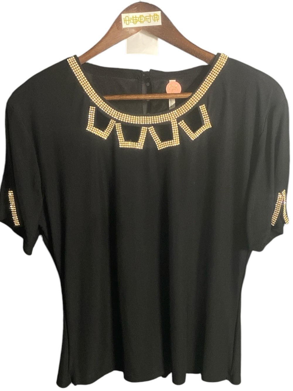Black Short-Sleeve Top with Gold Studded Neckline | M/L